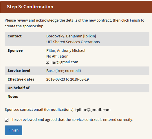 review and acknowledge the details of the sponsorship contract for the new person record